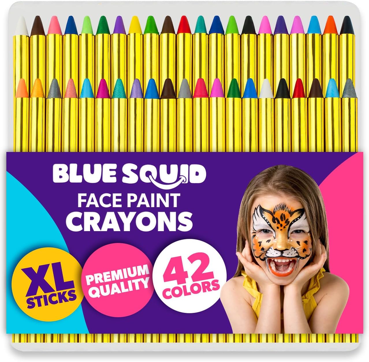 Blue Squid Face Paint Crayons for Kids - 42pcs XL Non-Toxic, Washable Body Paint Crayons - Our Face Painting Kit Makeup Sticks are Easy to Use, Safe for Sensitive Skin and Perfect for a Kids Party-0