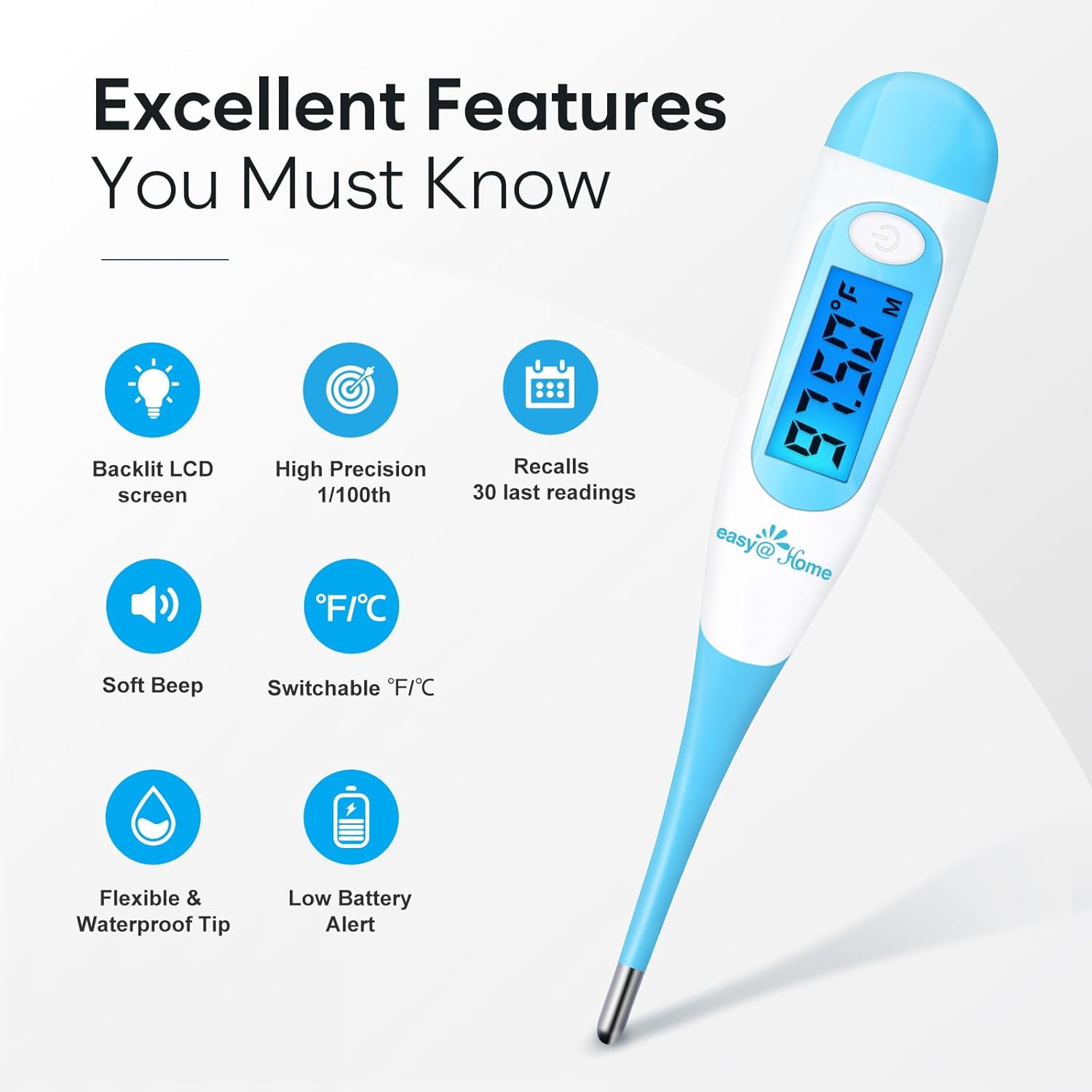 Easy@Home Digital Basal Thermometer with Blue Backlight LCD Display, 1/100th Degree High Precision and Memory Recall, NOT Bluetooth Enabled, Upgraded EBT-100B(Blue)-1