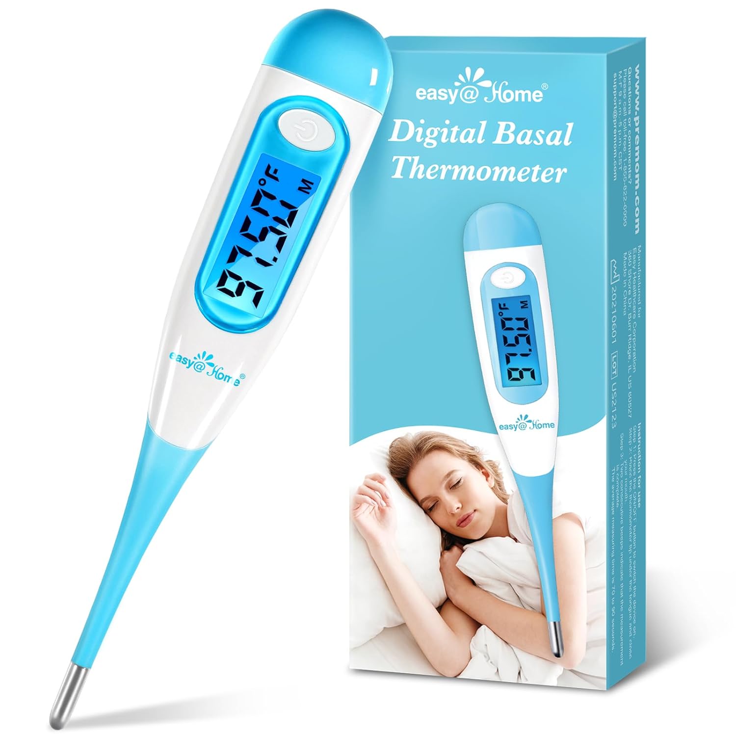 Easy@Home Digital Basal Thermometer with Blue Backlight LCD Display, 1/100th Degree High Precision and Memory Recall, NOT Bluetooth Enabled, Upgraded EBT-100B(Blue)-8