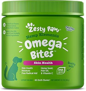 Zesty Paws Skin & Coat Bites for Dogs – Fish Oil Soft Chews with Omega-3 Fatty Acids EPA & DHA - Skin, Coat, Antioxidant & Immune Support - Hemp - 90 Count