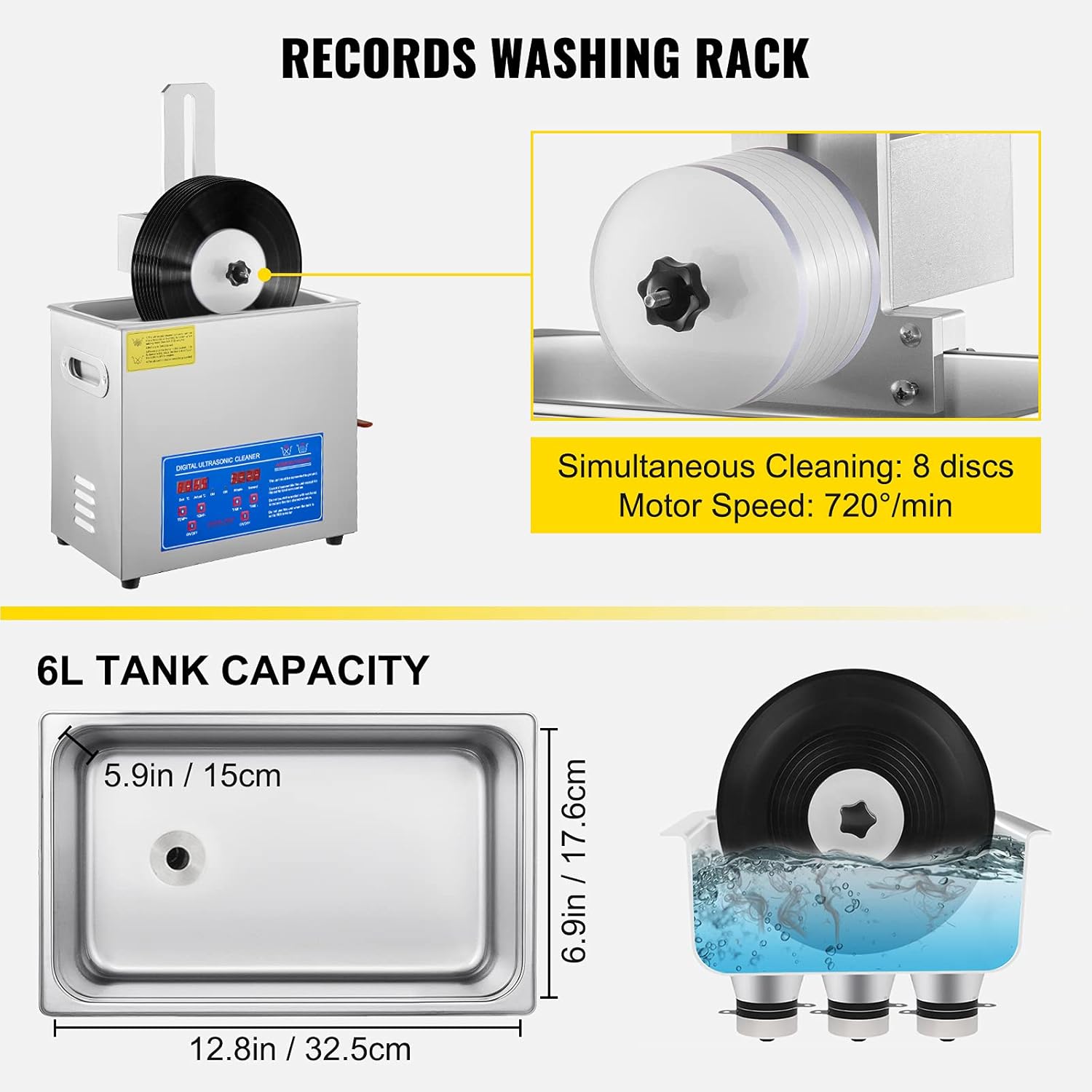 Happybuy Ultrasonic Cleaner 6L Ultrasonic Vinyl Cleaner 7-12 Inch 8 Records Ultrasonic Vinyl Cleaning Machine 180W Ultrasonic Records Cleaner with Drying Rack for Home Store-1