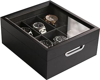 CASE ELEGANCE Watch Box Modern 2x3 Black Finish with Custom Aluminum Handle 6-Slot with Real Glass