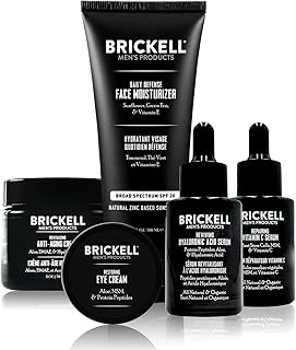 Brickell Men's Complete Defense Anti Aging Routine, Night Face Cream, Vitamin C Day and Night Serum, Facial Moisturizer w/SPF and Eye Cream, Natural and Organic, Unscented