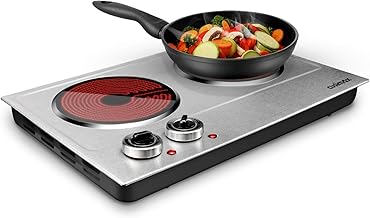 CUSIMAX 1800W Ceramic Electric Hot Plate for Cooking, Dual Control Infrared Cooktop, Double Burner, Portable Countertop Burner, Glass Plate Electric Cooktop, Silver, Stainless Steel-Upgraded Version