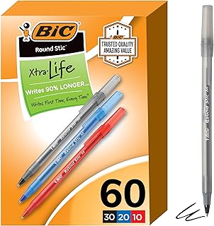 BIC Round Stic Xtra Life Assorted Ink Ballpoint Pens, Medium Point (1.0mm), 60-Count Pack of Bulk Pens, Flexible Round Barrel for Comfortable Writing, No. 1 Selling Ballpoint Pens