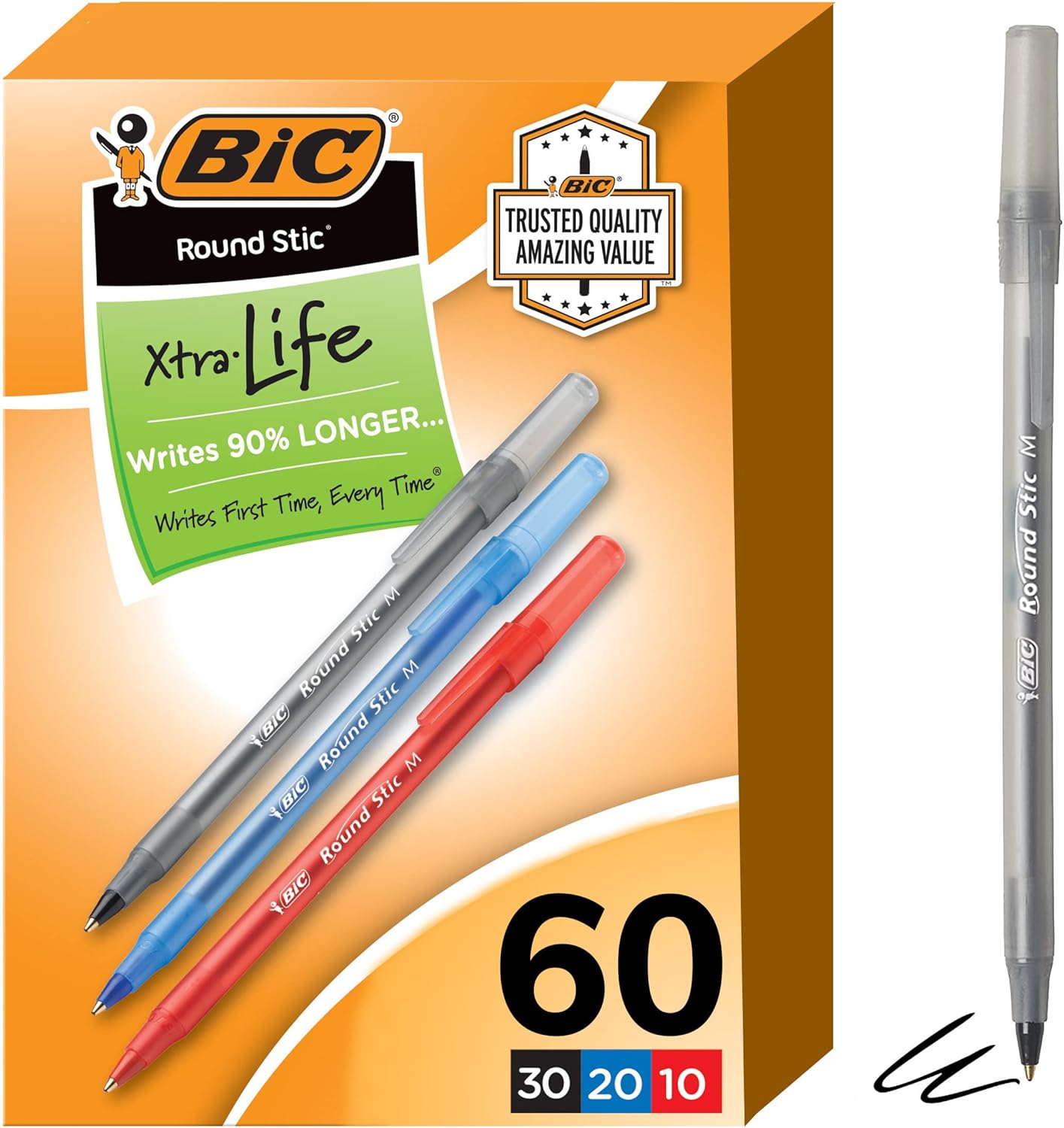 BIC Round Stic Xtra Life Assorted Ink Ballpoint Pens, Medium Point (1.0mm), 60-Count Pack of Bulk Pens, Flexible Round Barrel for Comfortable Writing, No. 1 Selling Ballpoint Pens-0