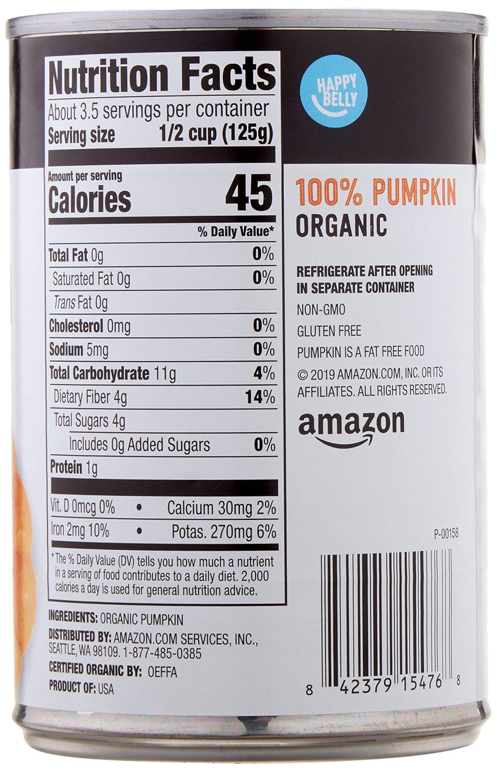 Amazon Brand - Happy Belly Organic 100% Pumpkin, Canned, 15 ounce (Pack of 1)-1