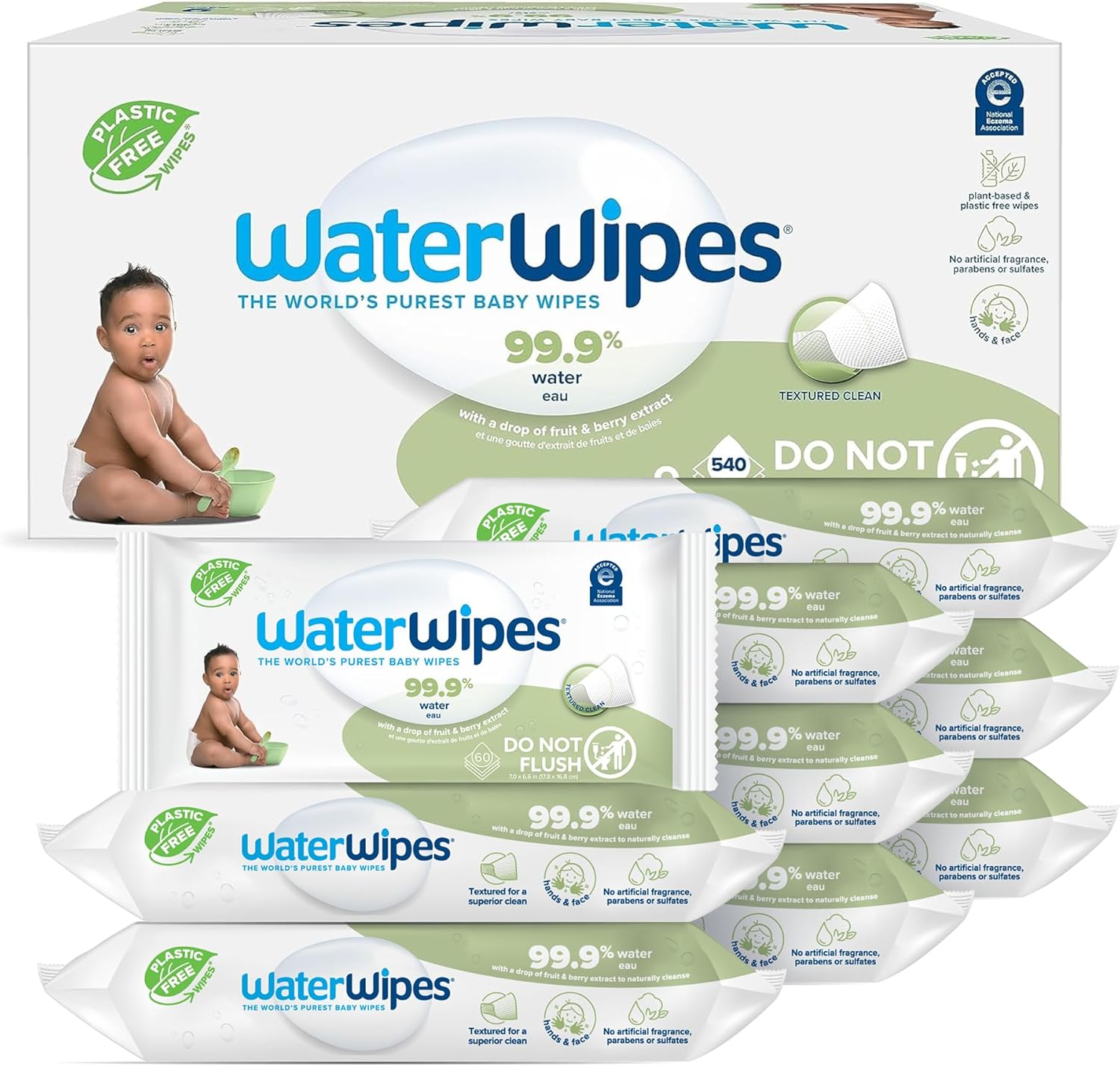 WaterWipes Plastic-Free Textured Clean, Toddler & Baby Wipes, 99.9% Water Based Wipes, Unscented & Hypoallergenic for Sensitive Skin, 540 Count (9 packs), Packaging May Vary-0