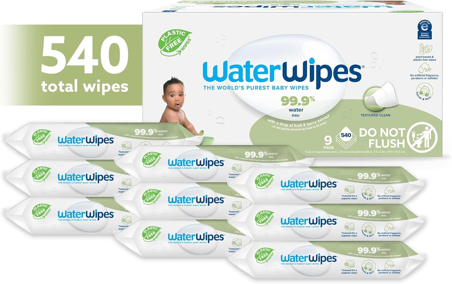 WaterWipes Plastic-Free Textured Clean, Toddler & Baby Wipes, 99.9% Water Based Wipes, Unscented & Hypoallergenic for Sensitive Skin, 540 Count (9 packs), Packaging May Vary-1