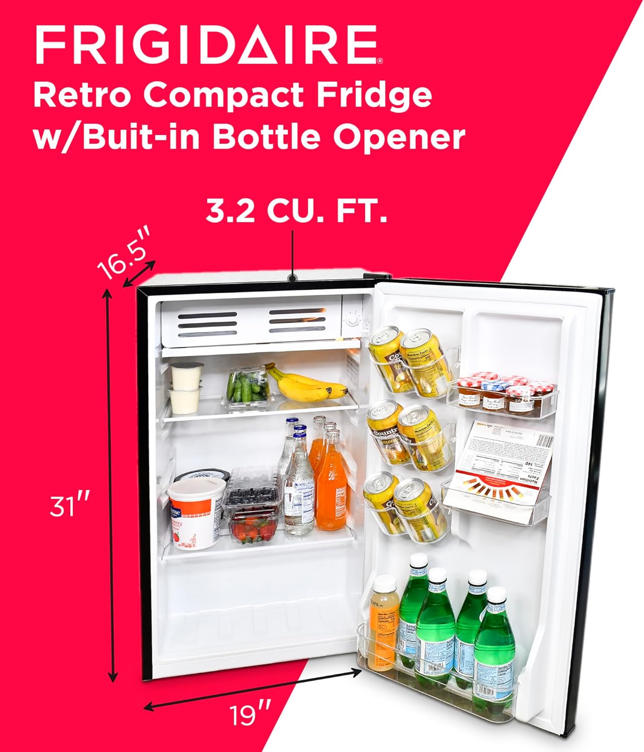 Frigidaire Retro Compact Fridge with Chiller, 3.2 cu ft Countertop Fridge with Built-In Bottle Opener, Compact Refrigerator for Office, Bedroom, Dorm Room or Cabin - 16.5"D x 19"W x 31"H (Black)-1