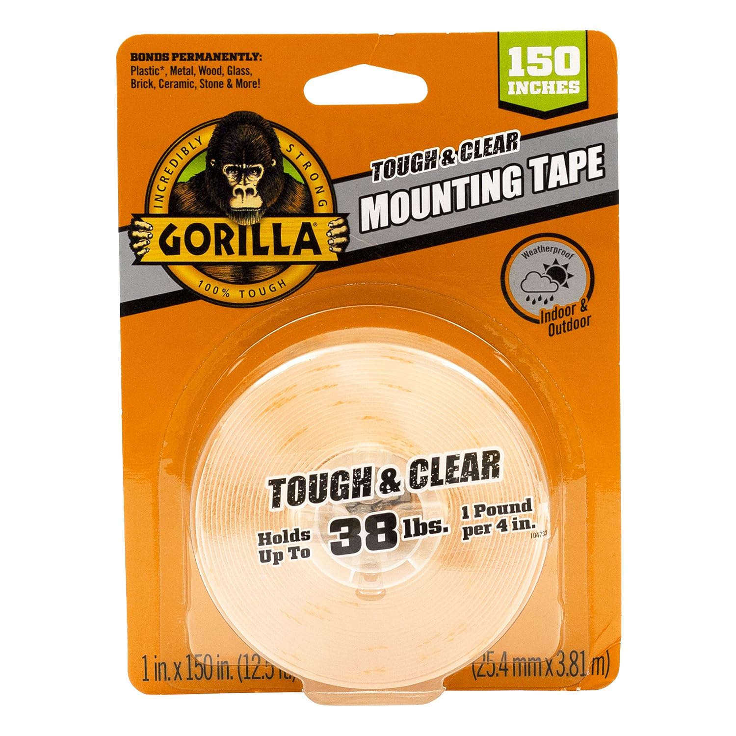 Gorilla Tough & Clear Double Sided Adhesive Mounting Tape; Extra Large; 1" x 150"; Clear; (Pack of 1)-0