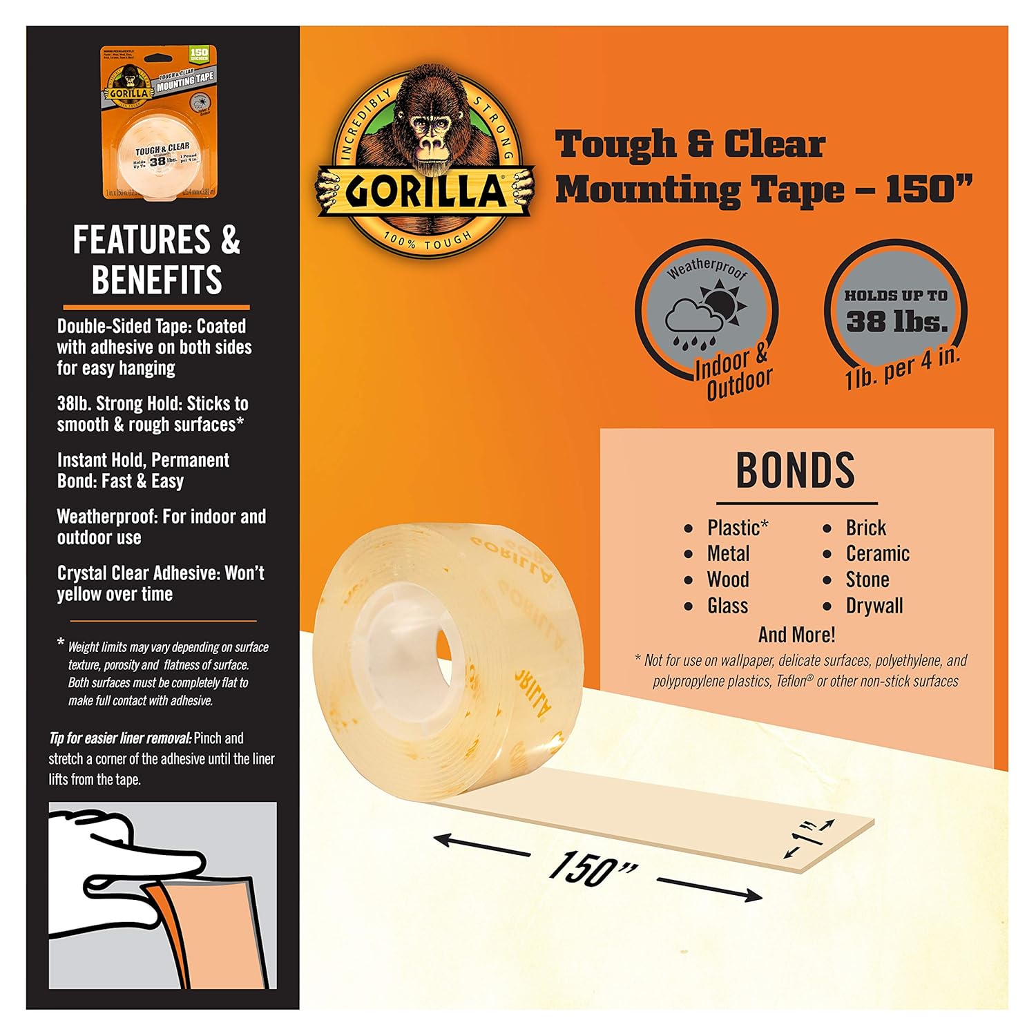 Gorilla Tough & Clear Double Sided Adhesive Mounting Tape; Extra Large; 1" x 150"; Clear; (Pack of 1)-2