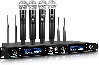 G-MARK Wireless Microphone System, 4 Channel Wireless Microphones with Rechargeable Handheld Mics, 250FT Range, UHF Metal Cordless Dynamic Microphone Sets for Singing, Karaoke, Church(Auto Connect)