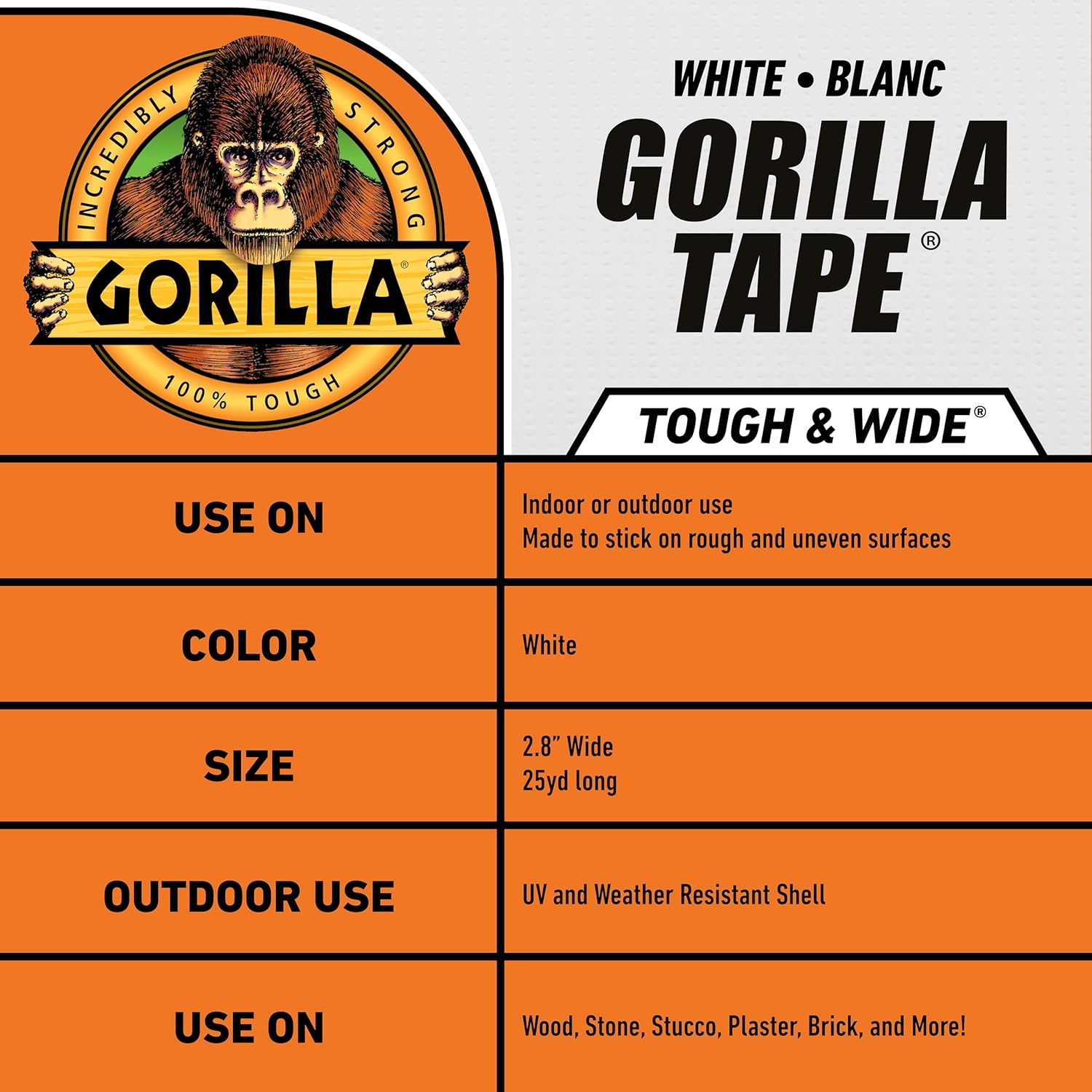 Gorilla Tough & Wide Duct Tape, 2.88" x 25 yd, White, (Pack of 1)-2