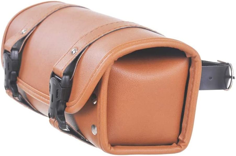 Motorcycle Tool Bag, Universal Motorcycle Handlebar Bag, Motorcycle Fork Bag PU Leather Brown Roll Saddlebags, Waterproof Sissybar Storage Bag with 2 Starps-2