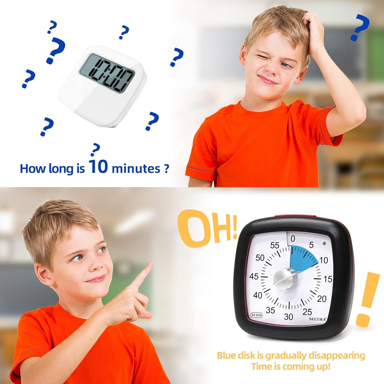 Secura 60-Minute Visual Timer, Silent Study Timer for Kids and Adults, Time Clocks, Time Management Countdown Timer for Teaching (Blue & Black)-3