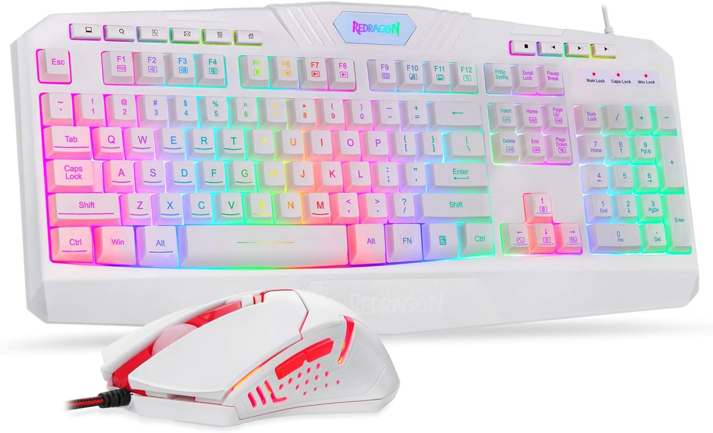 Redragon S101 Wired RGB Backlit Gaming Keyboard with Multimedia Keys Wrist Rest and Red Backlit Mouse Combo 3200 DPI for Windows PC Gamers (White)-0