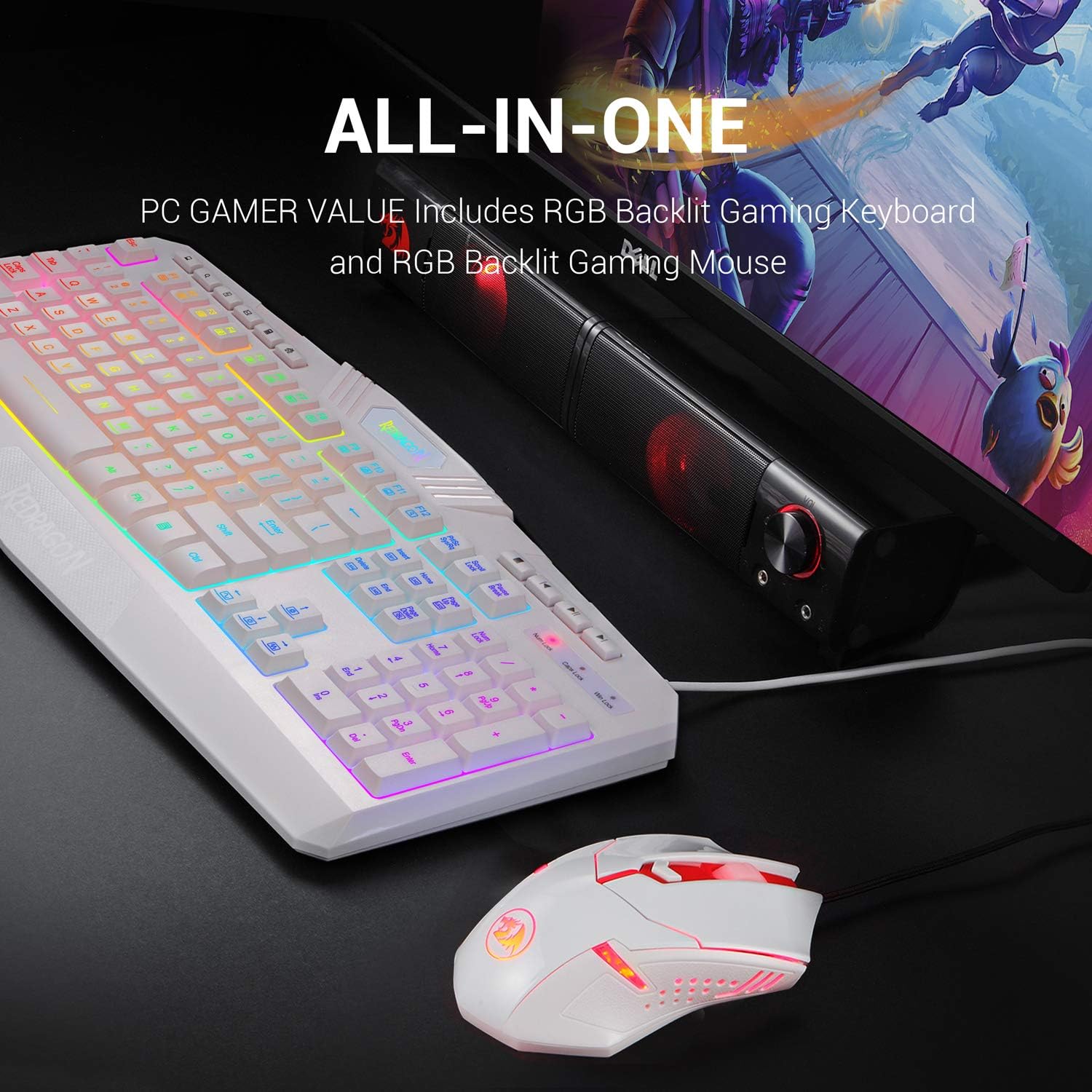 Redragon S101 Wired RGB Backlit Gaming Keyboard with Multimedia Keys Wrist Rest and Red Backlit Mouse Combo 3200 DPI for Windows PC Gamers (White)-1