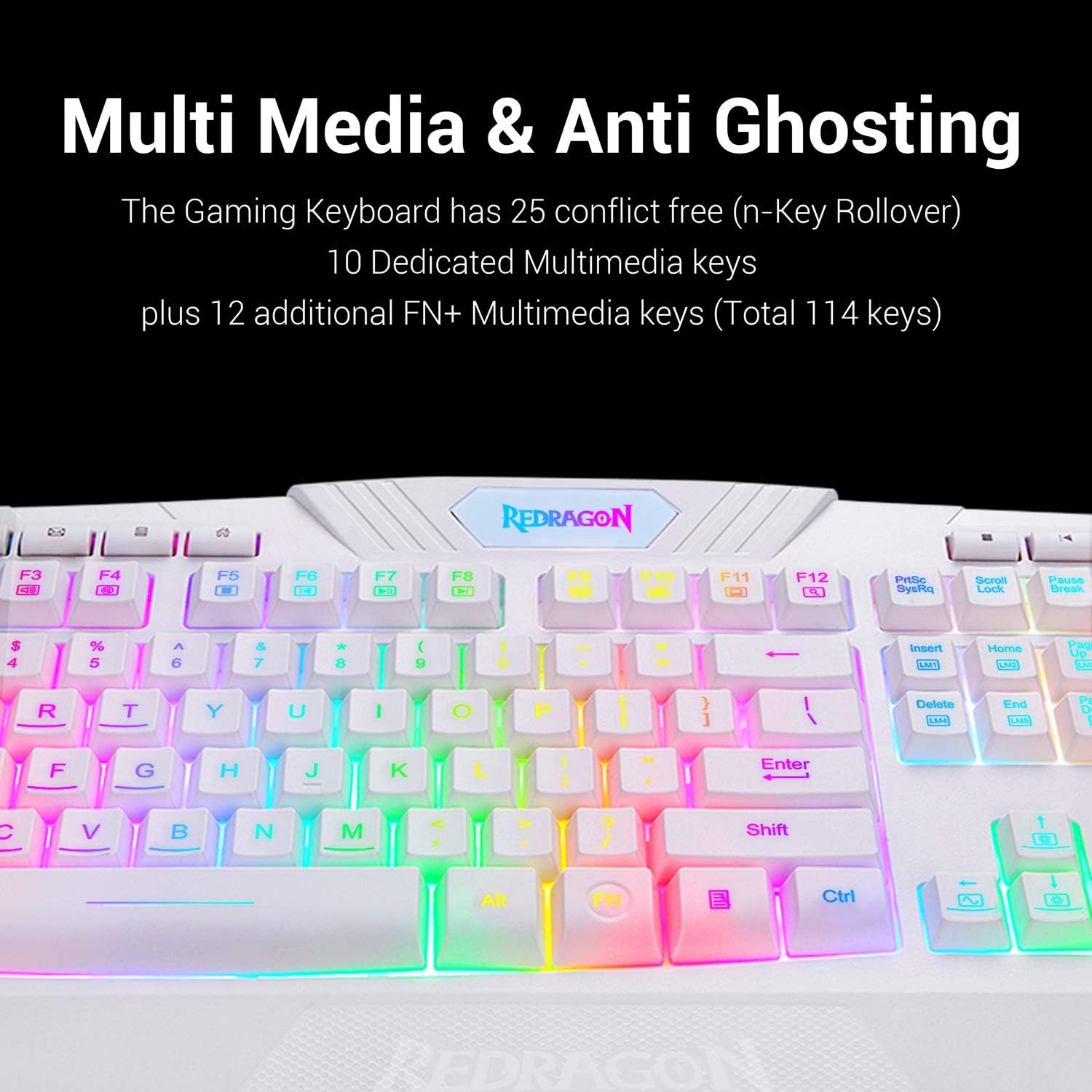 Redragon S101 Wired RGB Backlit Gaming Keyboard with Multimedia Keys Wrist Rest and Red Backlit Mouse Combo 3200 DPI for Windows PC Gamers (White)-4