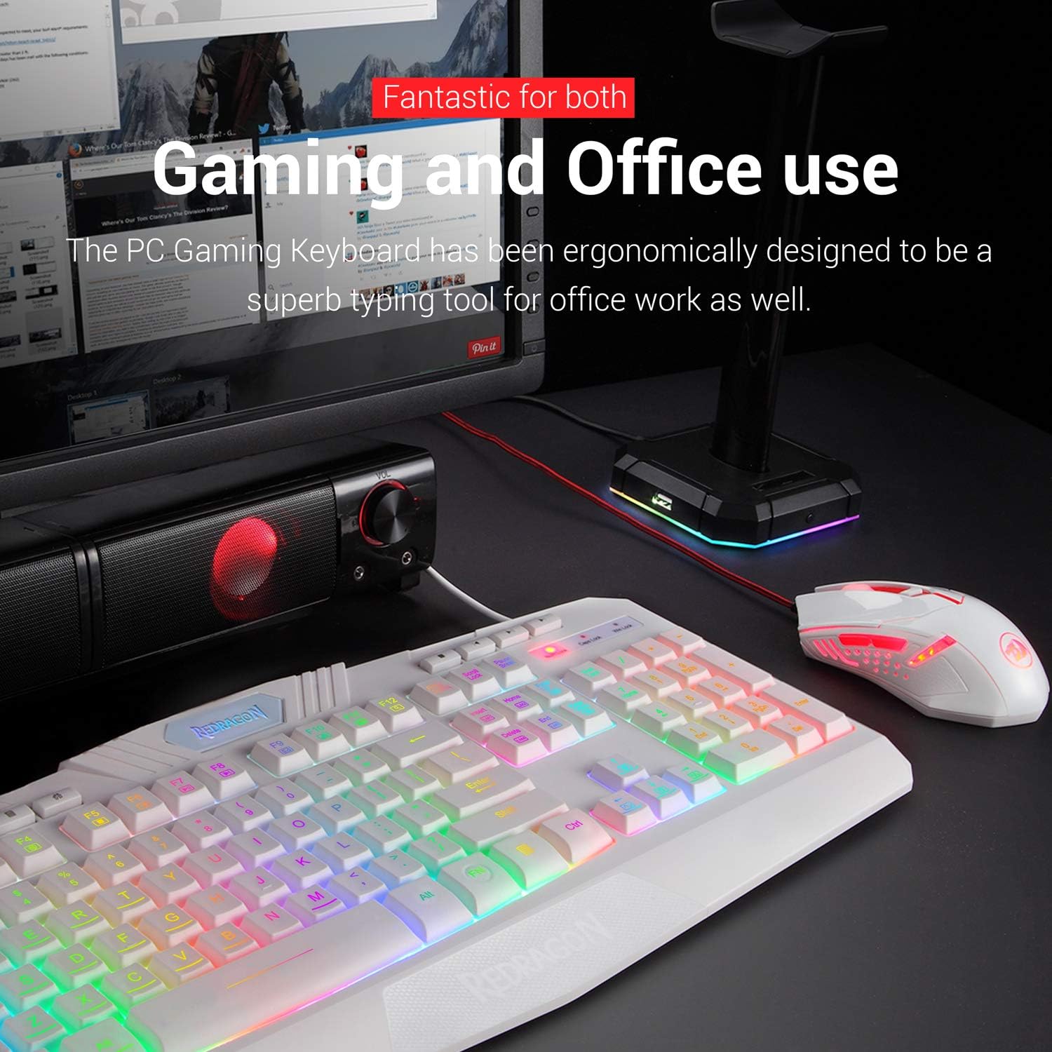 Redragon S101 Wired RGB Backlit Gaming Keyboard with Multimedia Keys Wrist Rest and Red Backlit Mouse Combo 3200 DPI for Windows PC Gamers (White)-5