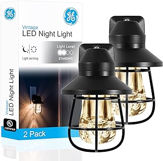 GE Vintage LED Night Light, Plug-in, Dusk to Dawn Sensor, Farmhouse Decor, Mood Lighting, Home Decor, Ambient Lighting, LED Lights for Bedroom, Bathroom, Kitchen, Hallway, 44737, Black, 2 Pack