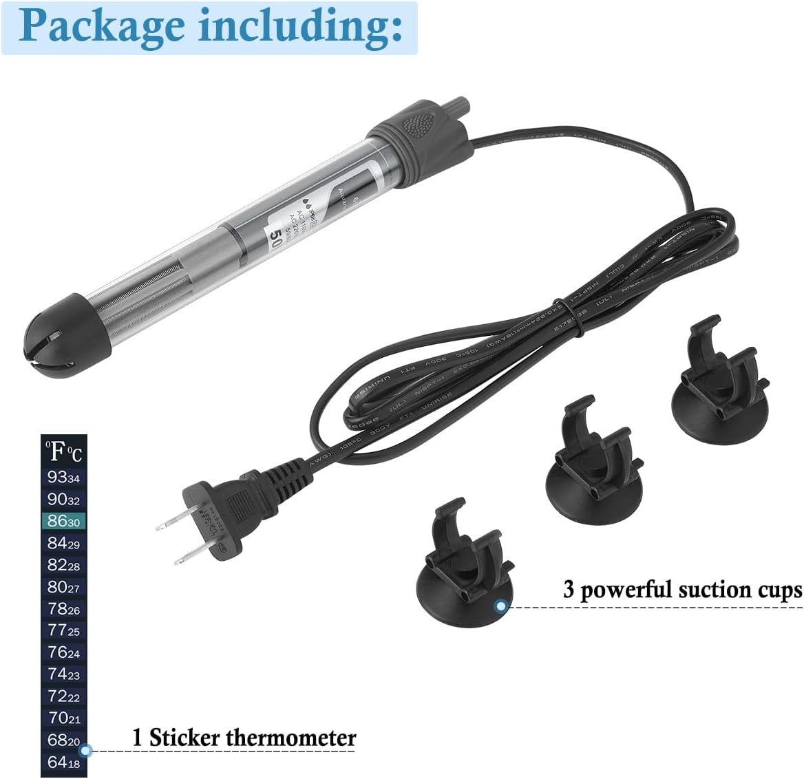 HITOP 25W 50W 100W 200W 300W Adjustable Aquarium Heater, Submersible Fish Tank Heater Thermostat with Suction Cup (50W)-5