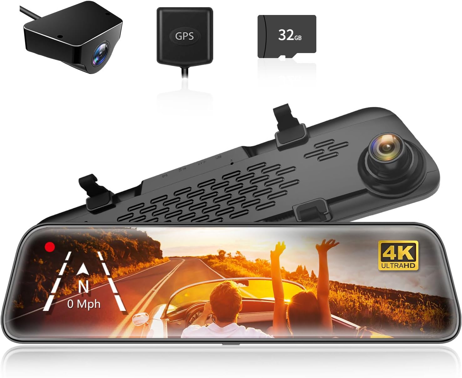 WOLFBOX G840S 12" 4K Mirror Dash Cam Backup Camera, 2160P Full HD Smart Rearview Mirror for Cars & Trucks, Front and Rear View Dual Cameras, Night Vision, Parking Assistance, Included 32GB Card & GPS-0