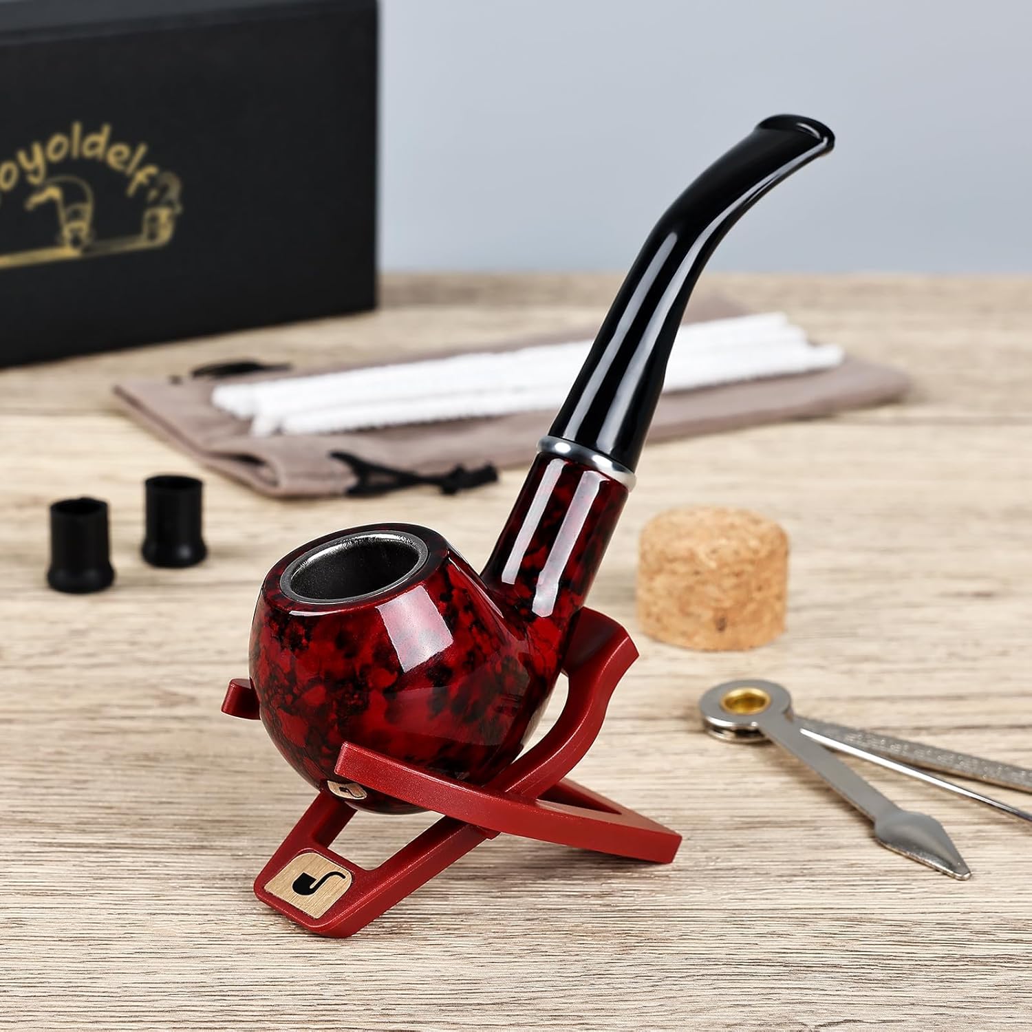 Joyoldelf Tobacco Pipe, Classic Smoking Pipe with Foldable Tobacco Pipe Stand, Bent Tobacco Pipes for Smoking with Gift Box and Smoking Accessories-1