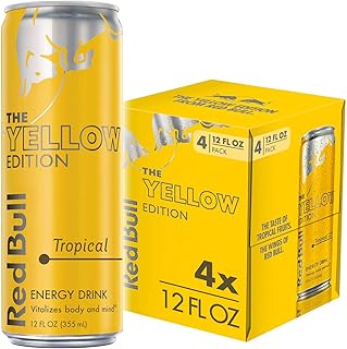 Red Bull Yellow Edition Energy Drink, Tropical, with 114mg Caffeine plus Taurine & B Vitamins, 12 Fl Oz, Pack of 4 Cans