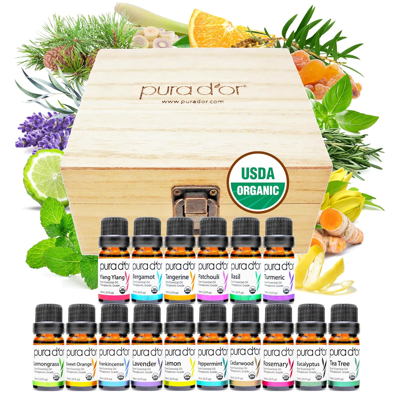 PURA D'OR Organic Sweet16 Essential Oils Set - 16x 10mL Wood Box Aromatherapy Gift Set - 100% Pure Therapeutic Grade for Relaxation and Wellness (Lavender, Rosemary, Turmeric, Ylang Ylang & More)-0