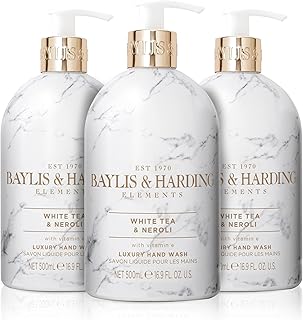 Baylis & Harding Liquid Hand Soap Wash with Dispenser, Elements, White Tea & Neroli, 16.9oz/500ml (3-Pack)