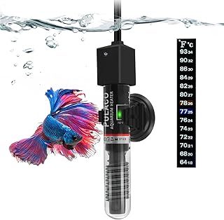 PULACO 25W Small Aquarium Submersible Betta Heater with Free Thermometer Strip, Under 6 Gallon Fish Tanks (Preset Temperature 78℉)