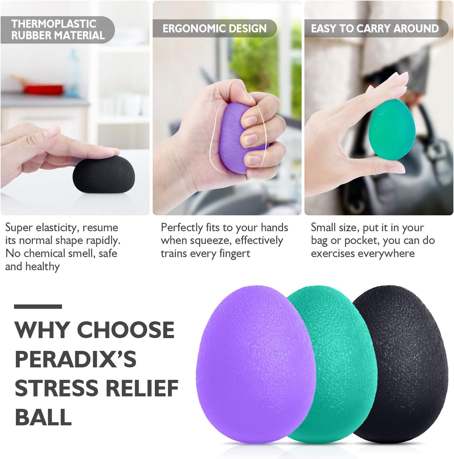 Peradix Hand Grip Strength Trainer, Stress Relief Ball for Adults and Kids, Wrist Rehab Therapy Hand Grip Equipment Ball Squishy Tools - Set of 3 Finger Resistance Exercise Squeezer-4