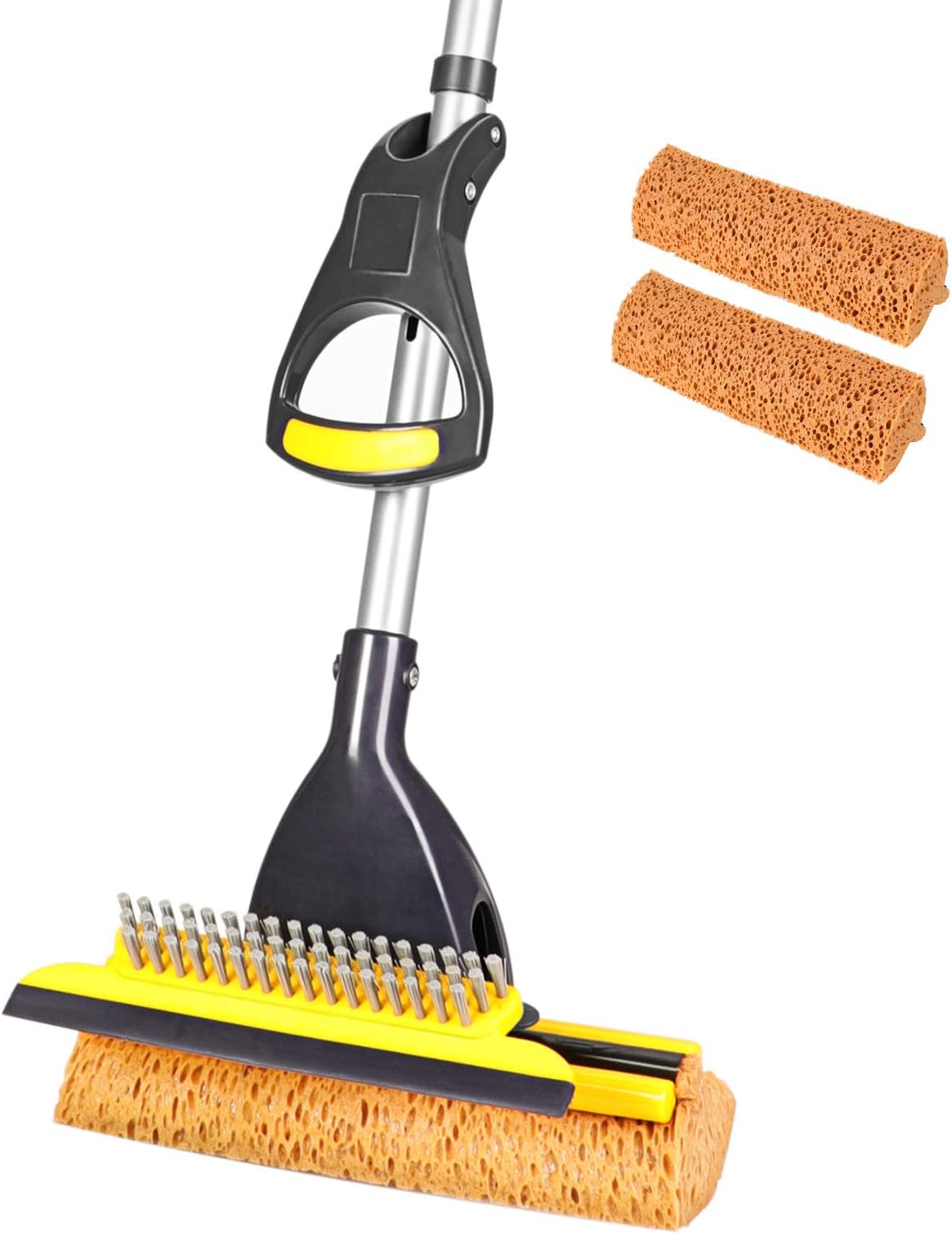 Yocada Sponge Mop Home Commercial Use Tile Floor Bathroom Garage Cleaning with 2 Sponge Heads in Total Squeegee and Extendable Telescopic Handle from 42.5 to 52 Inches Easily Dry Wringing only 2 Heads-0