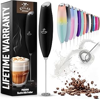 Zulay Kitchen Milk Frother Wand Drink Mixer - Durable Handheld Milk Frother Electric Whisk - Easy-Clean Milk Frother Wand & Mini Blender - Electric Coffee Frother With 2 Batteries Included - Black