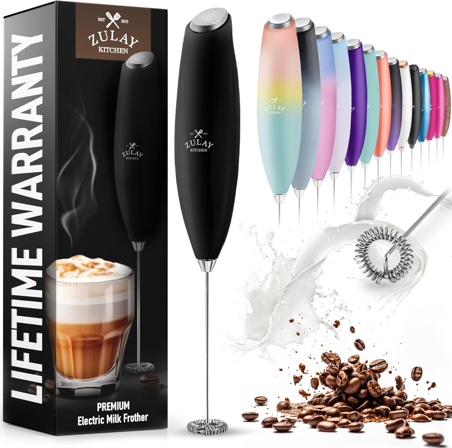 Zulay Kitchen Milk Frother Wand Drink Mixer - Durable Handheld Milk Frother Electric Whisk - Easy-Clean Milk Frother Wand & Mini Blender - Electric Coffee Frother With 2 Batteries Included - Black-0