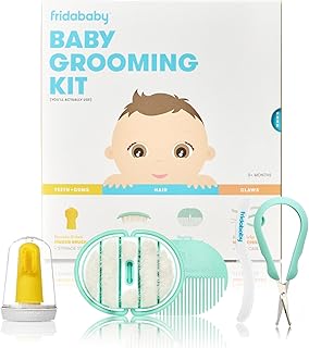 Frida Baby Grooming Kit | Baby Essentials Gift Set Includes Finger Brush with Storage Stand, Hair Brush with Case, Styling Hair Comb, Easy Grip Nail Scissors with Nail File and Case