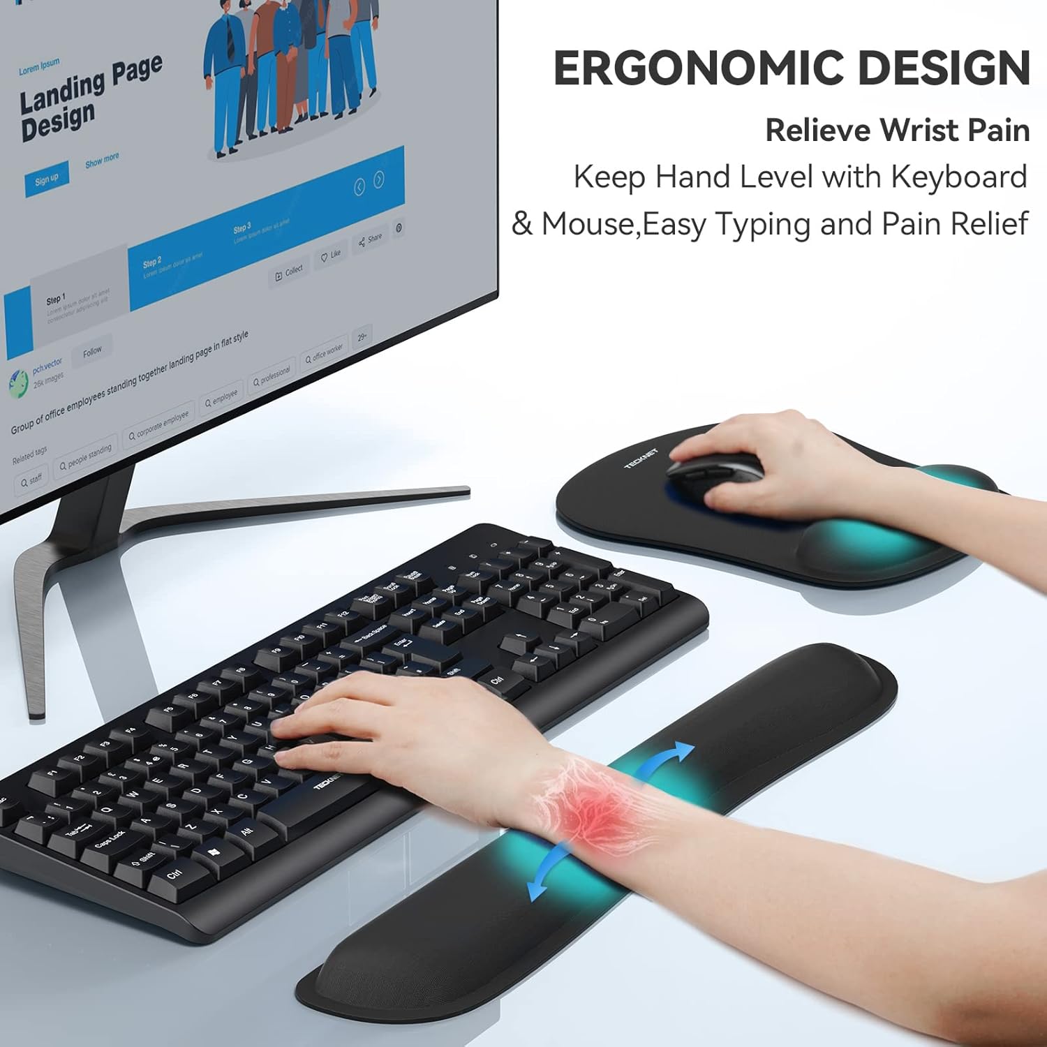 TECKNET Keyboard Wrist Rest and Mouse Pad with Wrist Support, Memory Foam Set for Computer/Laptop/Mac, Lightweight for Easy Typing & Pain Relief Ergonomic Mousepad (Black)-1