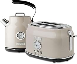 Haden Dorset Wide Slot Stainless Steel 2 Slice Retro Toaster and Dorset 1.7 Liter Stainless Steel Electric Water Kettle, Beige