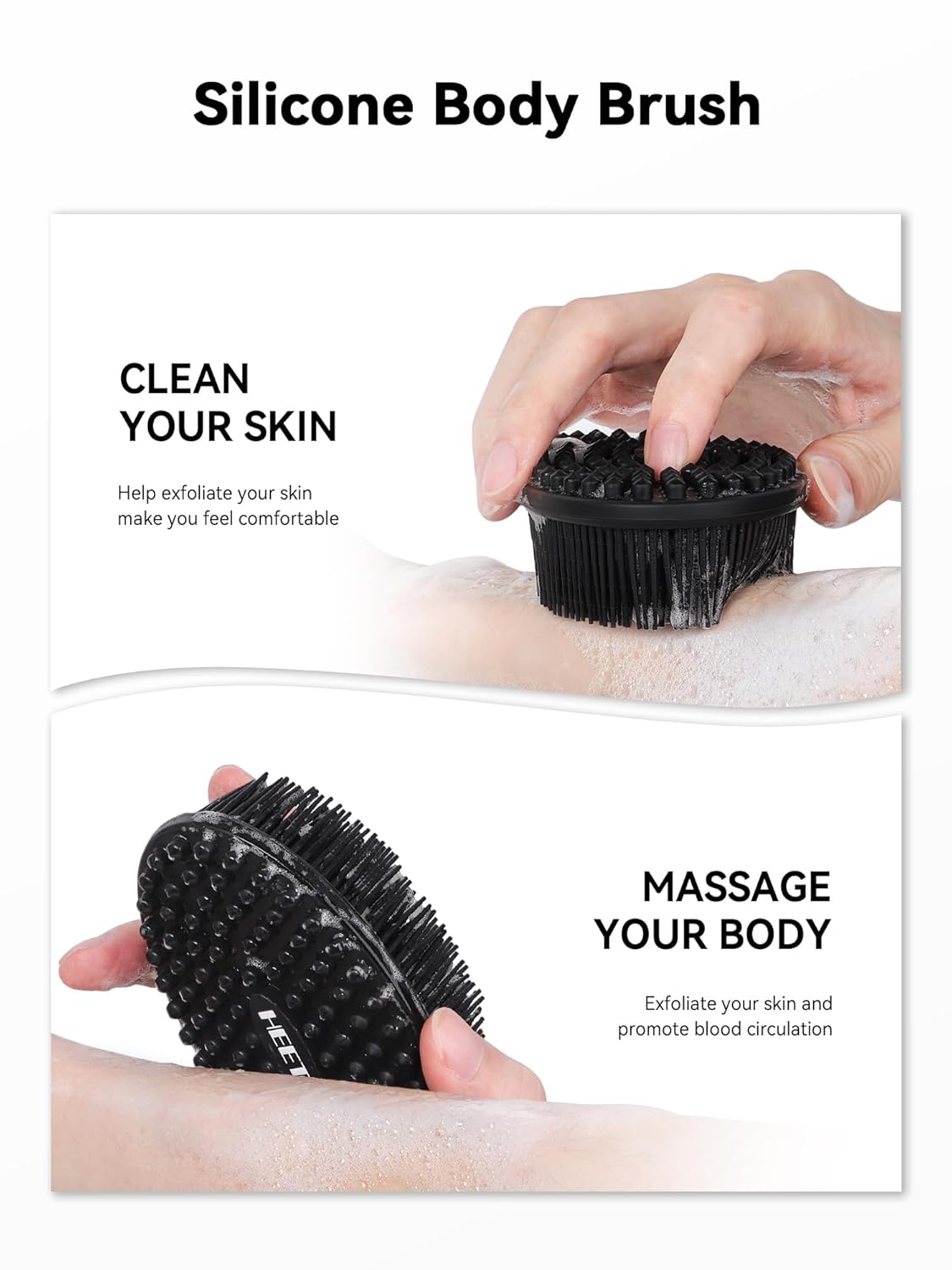 HEETA Silicone Body Scrubber, Silicone Loofah Gentle Exfoliating, 2 Side Design Silicone Boby Brush Lathers Well Easy to Clean & Durable for Removing Dead Skin and Dry Brush to Massage Skin, Black-1