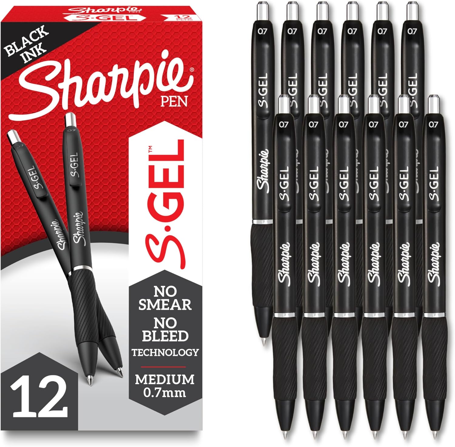 Sharpie S-Gel, Gel Pens, Drawing Pens, Gel Ink Pens For Journaling, Writing Pens, Coloring Pens, Medium Point Pens (0.7Mm), Black Barrel, Black Gel Ink, 12 Count-0