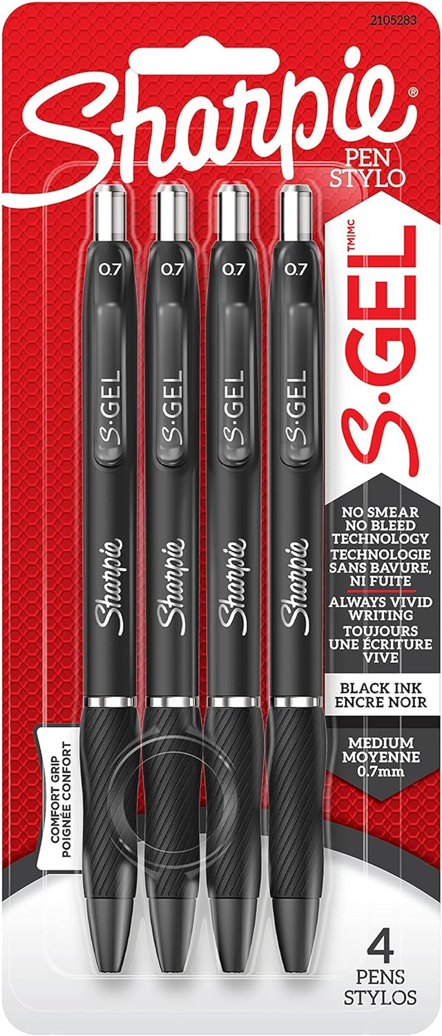 Sharpie S-Gel, Gel Pens, Medium Point (0.7mm), Black Ink Gel Pen, 4 Count-0