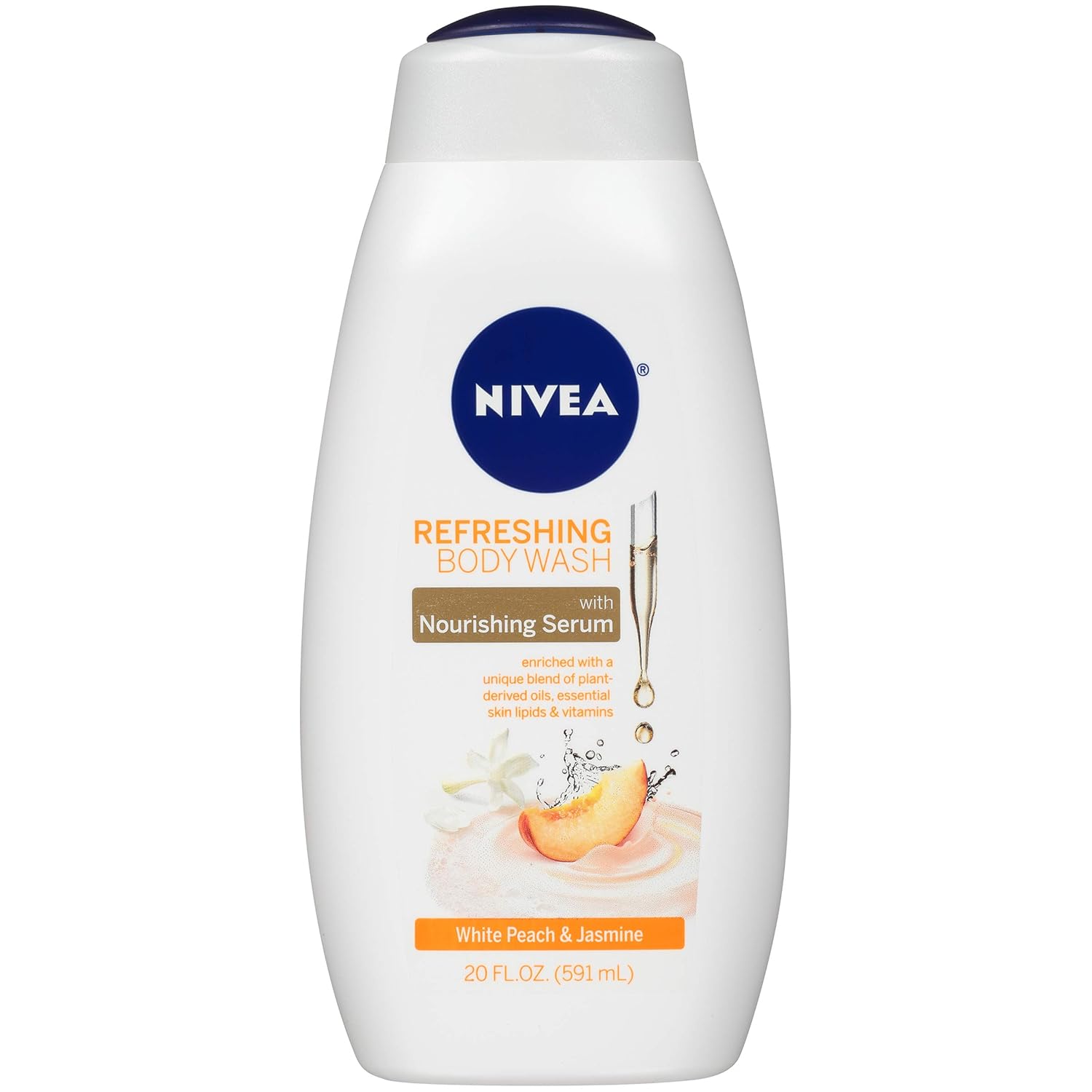 NIVEA Refreshing White Peach and Jasmine Body Wash, Scented Body Wash with Nourishing Serum, Plant-Derived Oils, Essential Skin Lipids and Vitamins, 20 Fl Oz Bottle-0