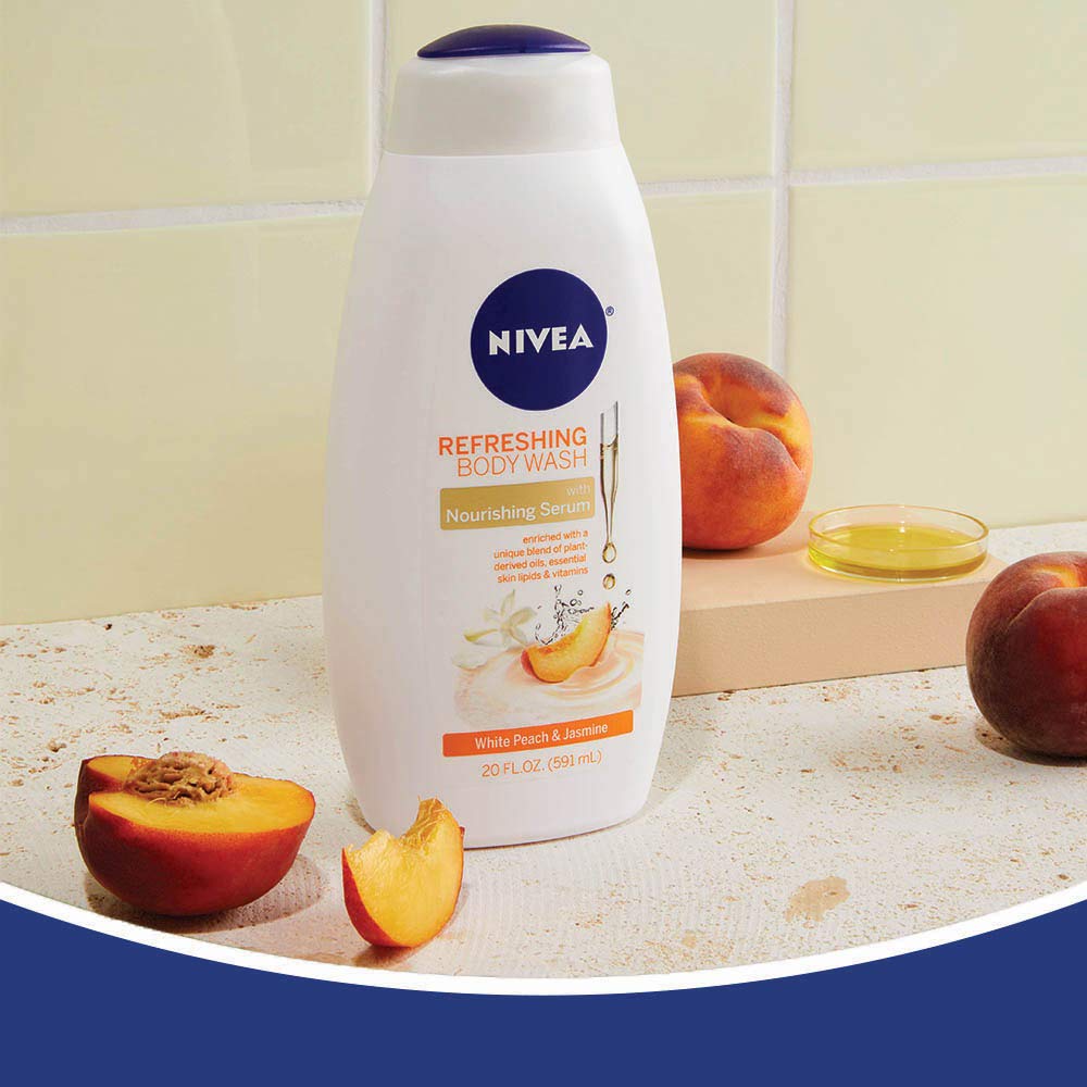 NIVEA Refreshing White Peach and Jasmine Body Wash, Scented Body Wash with Nourishing Serum, Plant-Derived Oils, Essential Skin Lipids and Vitamins, 20 Fl Oz Bottle-2