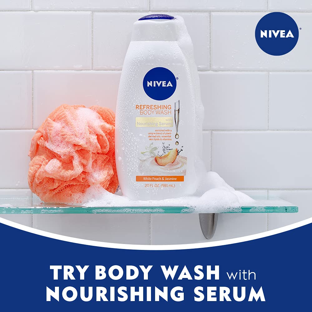 NIVEA Refreshing White Peach and Jasmine Body Wash, Scented Body Wash with Nourishing Serum, Plant-Derived Oils, Essential Skin Lipids and Vitamins, 20 Fl Oz Bottle-5