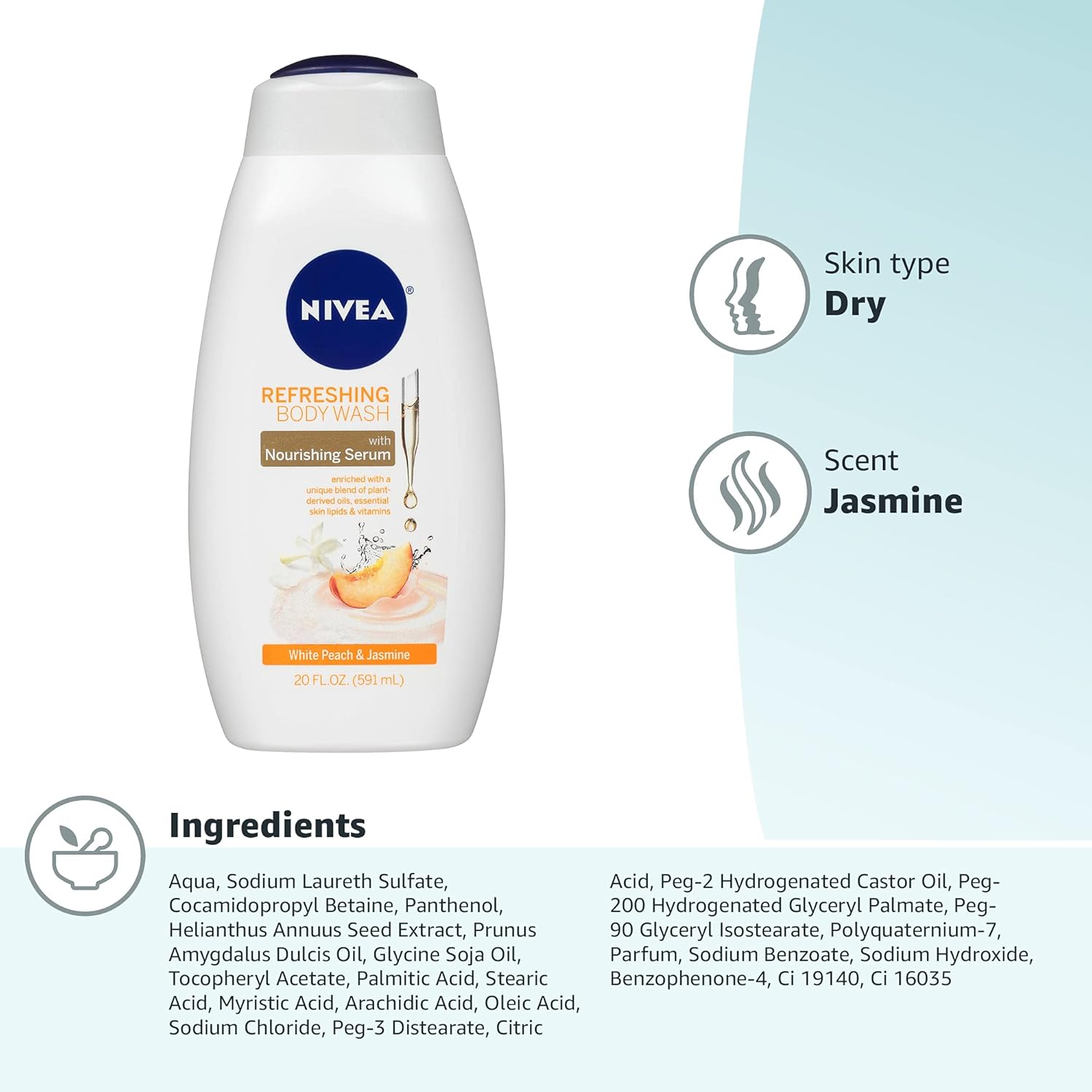 NIVEA Refreshing White Peach and Jasmine Body Wash, Scented Body Wash with Nourishing Serum, Plant-Derived Oils, Essential Skin Lipids and Vitamins, 20 Fl Oz Bottle-8