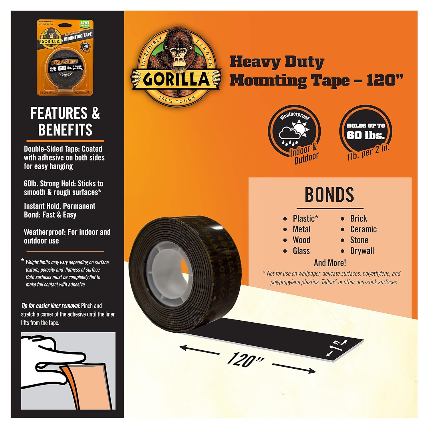 Gorilla Heavy Duty, Extra Long Double Sided Mounting Tape, 1" x 120", Black, (Pack of 1)-3