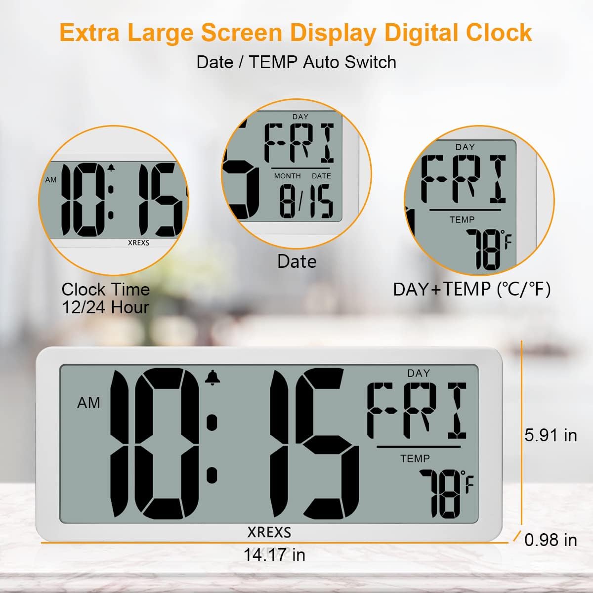 XREXS Large Digital Wall Clock, Electronic Alarm Clocks for Bedroom, Count Up & Down Timer, Battery Operated 14.17 Inch Large LCD Screen with Time/Date/Temperature Display-2