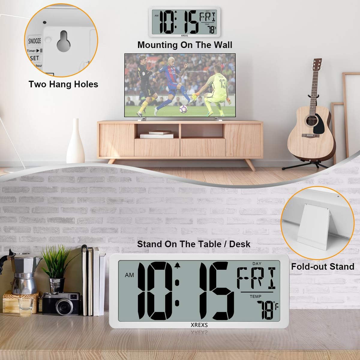 XREXS Large Digital Wall Clock, Electronic Alarm Clocks for Bedroom, Count Up & Down Timer, Battery Operated 14.17 Inch Large LCD Screen with Time/Date/Temperature Display-3