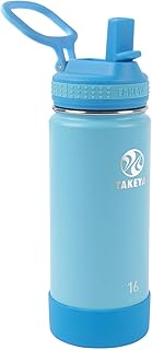 Takeya Actives Kids 16 oz Vacuum Insulated Stainless Steel Water Bottle with Straw Lid, Sail Blue/Atlantic